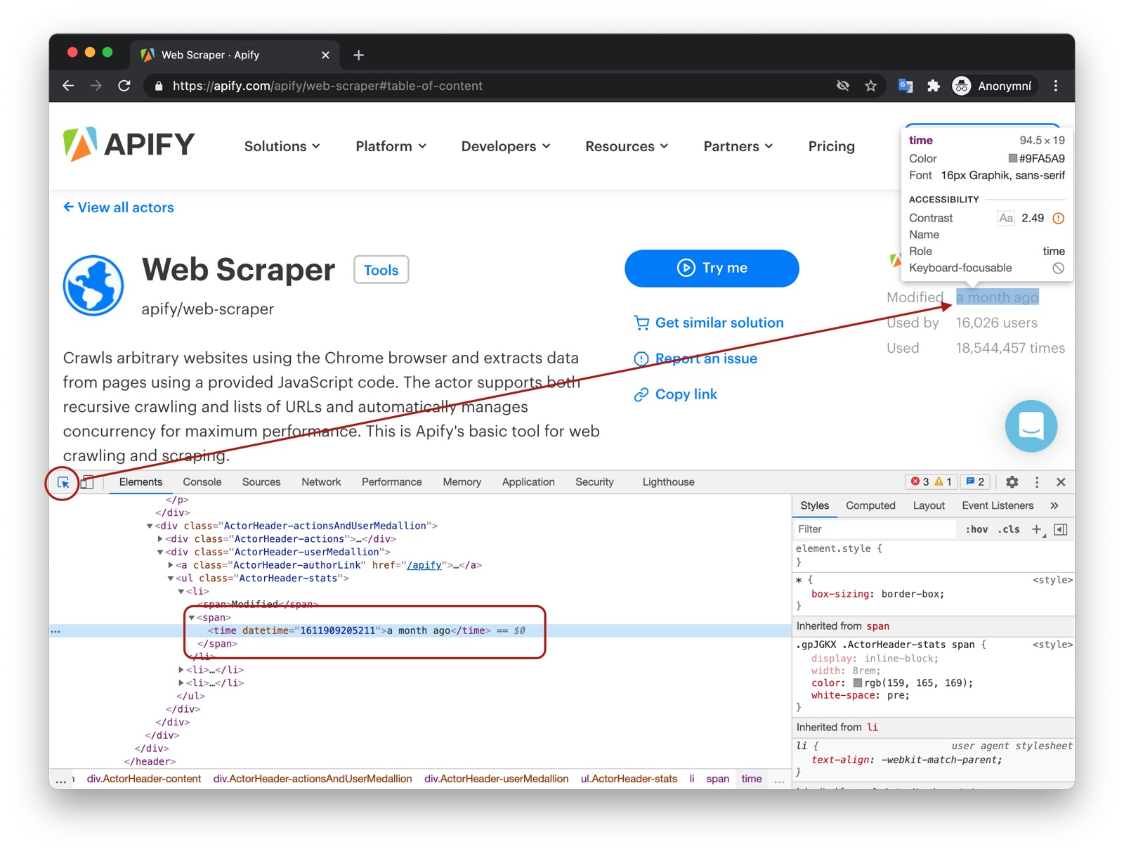Finding actor last modification date in DevTools. actor last modification date selector